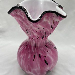 Vintage Modern Pink and White Spatter Cased Glass Vase, 13"h